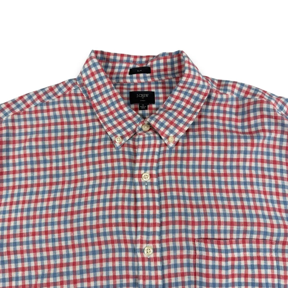 J.Crew Shirt Mens XL Red Blue Gingham Plaid Slim Fit 100%‎ Linen Button Down
